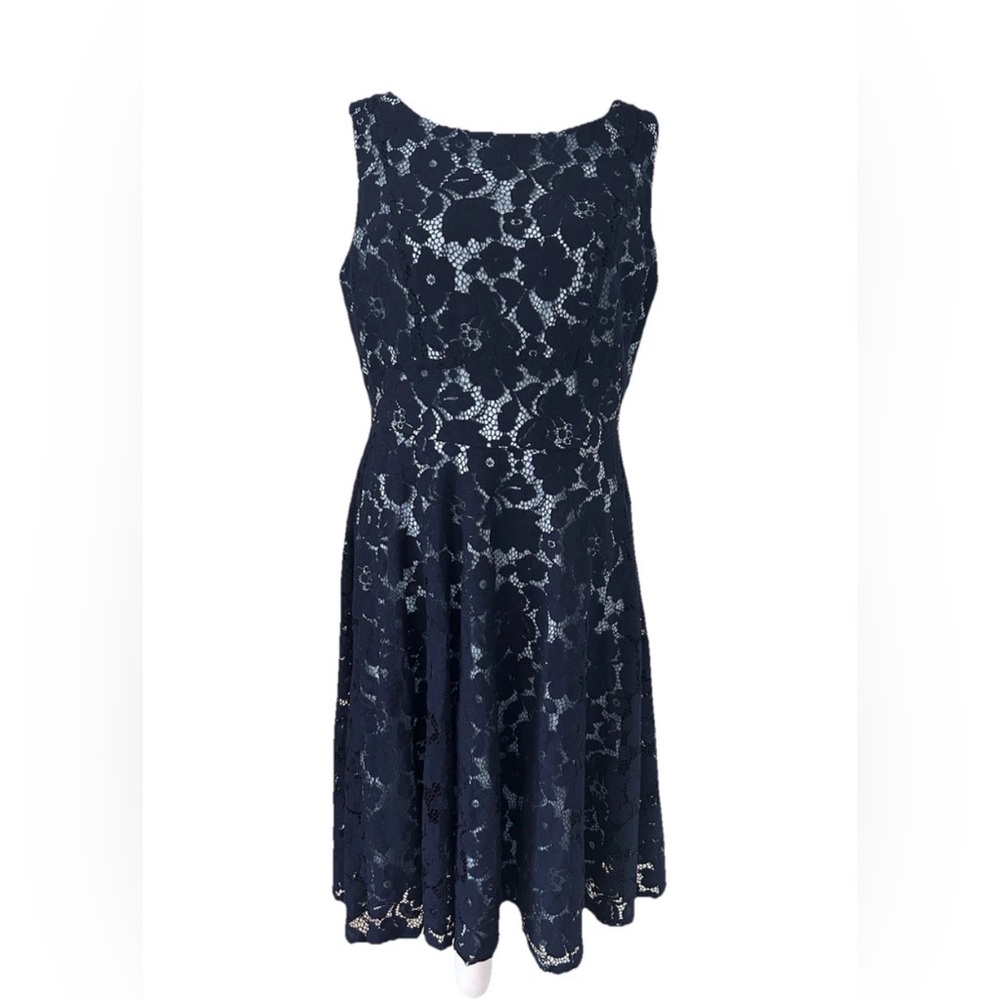 Gabby Skye Navy Blue Lace Over Light Blue Lining Midi Dress
